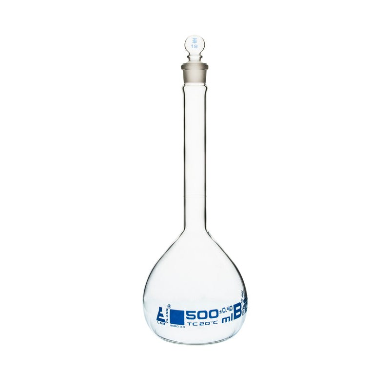 MATRAZ VOLUMÉTRICO (AFORADO) 500ML, CLASE B, ASTM TAPÓN PLANO DE VIDRIO EISCO