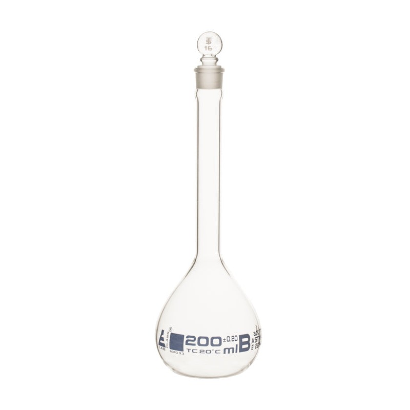 MATRAZ VOLUMÉTRICO (AFORADO) 200ML, CLASE B, ASTM TAPÓN PLANO DE VIDRIO EISCO