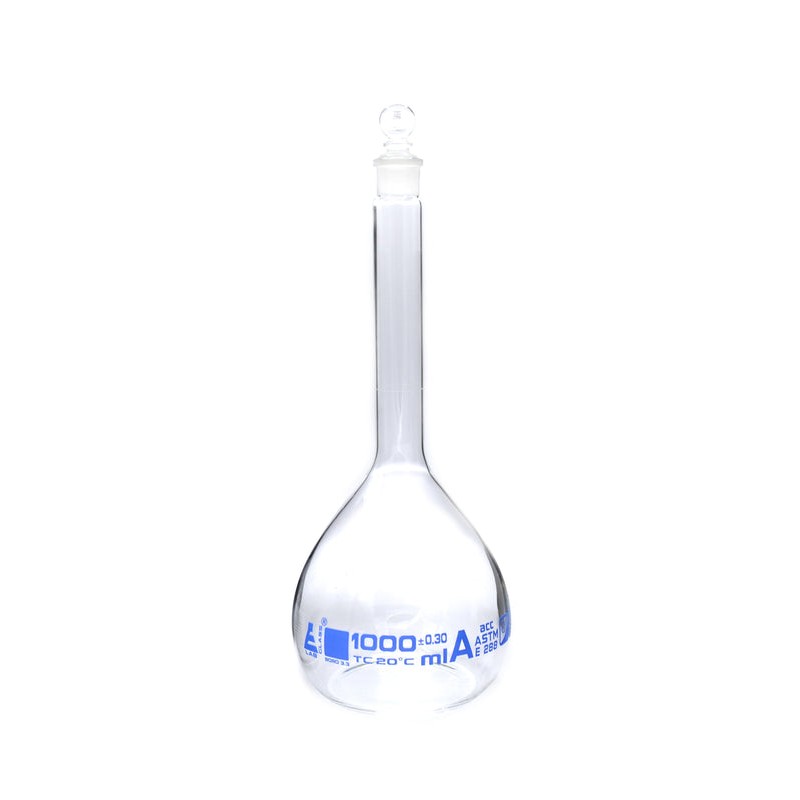 MATRAZ VOLUMÉTRICO (AFORADO) 1000ML, CLASE A, TAPÓN PLANO DE VIDRIO EISCO