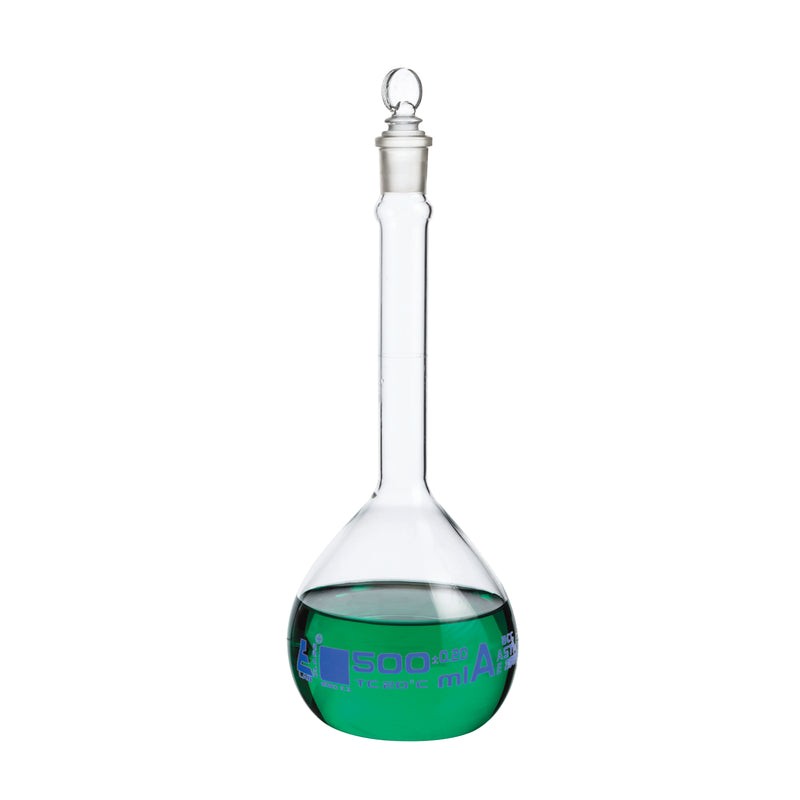 MATRAZ VOLUMÉTRICO (AFORADO) 500ML, CLASE A, TAPÓN PLANO DE VIDRIO EISCO