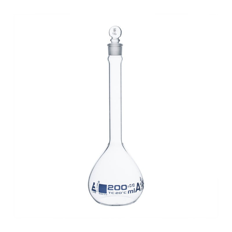 MATRAZ VOLUMÉTRICO (AFORADO) 200ML, CLASE A, TAPÓN PLANO DE VIDRIO EISCO